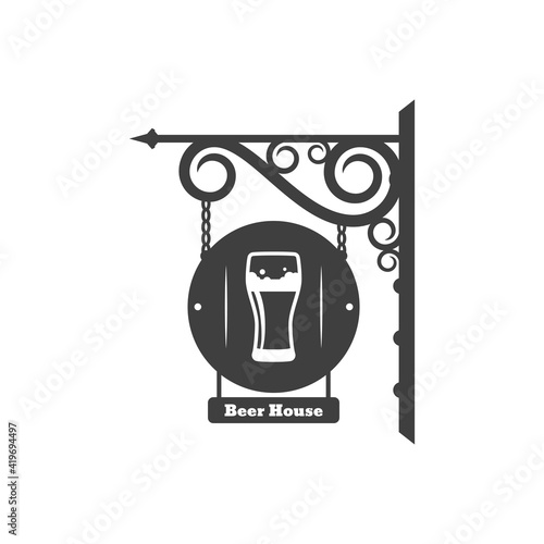 Beer house retro street billboard on wrought metal brackets and iron chains. Vector pub vintage signboard, vintage bar signage. Glass of frosty beer or antique restaurant or tavern sign, alcohol drink