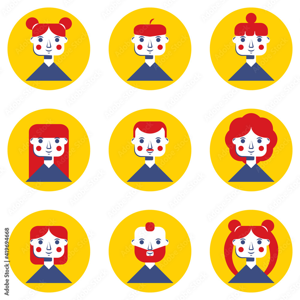 Vector set of stickers. Illustration showing different hairstyles of the same character. Vector set of stickers. Illustration showing different hairstyles of the same character.