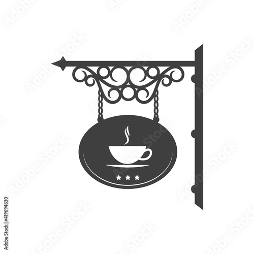 Coffee shop isolated vintage street signboard with antique forged ornaments. Vector cafeteria or cafe sign board, ornamental metal brackets and chains. Coffee restaurant or cafe antique signage