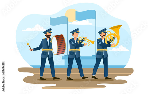 Three male soldiers are marching as a music band. Military orchestra members with music instruments wearing uniform. Men are playing military music. Flat cartoon vector illustration