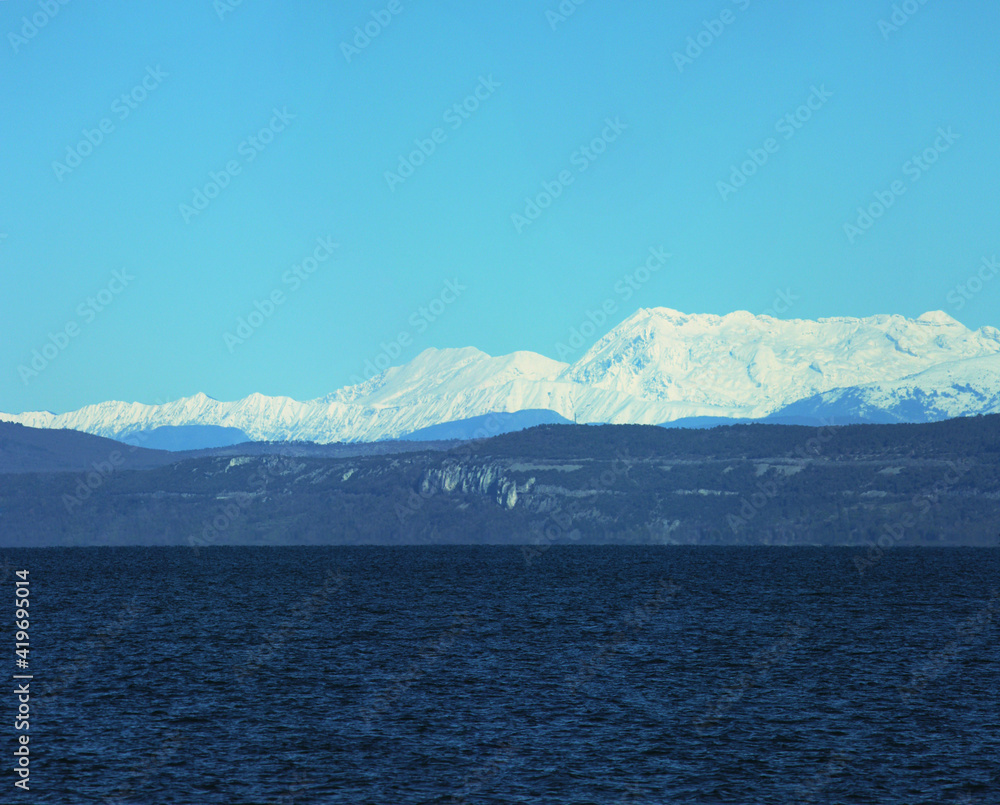 Beautiful view of the Apls moutains above the sea in the gulf of Trieste