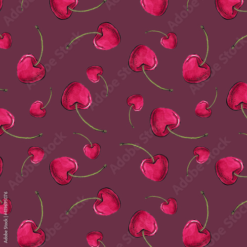 watercolor illustration seamless pattern ,from juicy cherry berries for wallpaper or fabric