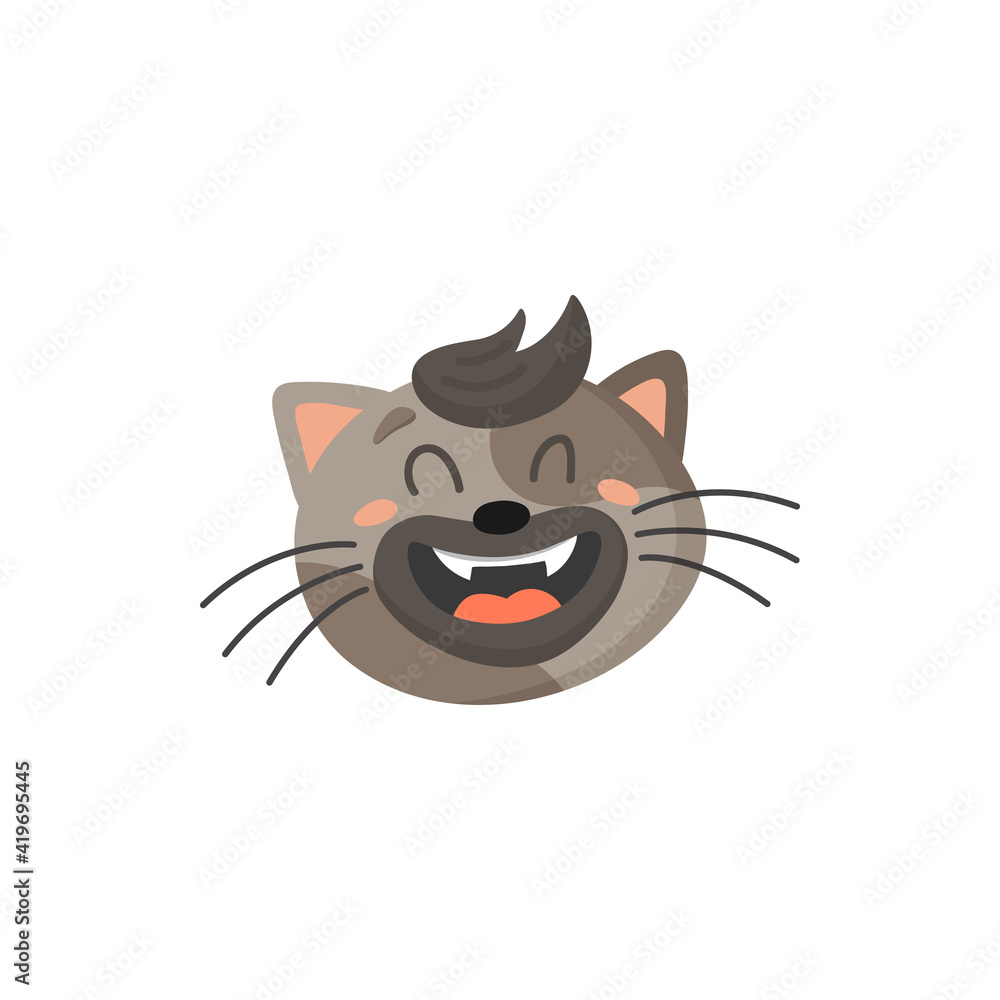 Cute laughing cat with forelock isolated home pet emoticon. Vector striped gray cat with open mouth and whiskers, feline head, cute tabby face in laugh. Feline emoji, adorable home pet crazy avatar Cute laughing cat with forelock isolated home pet emoticon. Vector striped gray cat with open mouth and whiskers, feline head, cute tabby face in laugh. Feline emoji, adorable home pet crazy avatar
