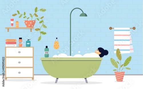 Woman taking a bath. The female character is relaxing in the bathroom. Bathroom interior. Relaxation and self-care concept. The girl is enjoying a bubble bath. Patches on the face. Vector illustration