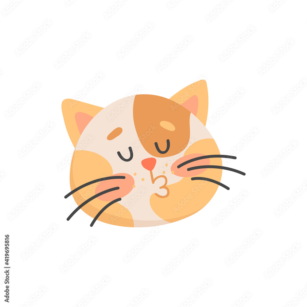 Obraz premium Cat making kiss isolated feline animal portrait. Vector head of cute kitten, kissing sign, cartoon kitty in love. Loving feline, emoji emoticon, emotion of sympathy and love, snout of lovely cat