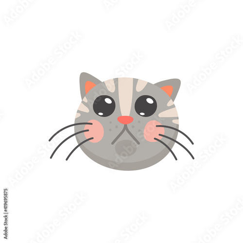 Grey tabby kitten with big black eyes isolated shocked emoji. Vector surprised fluffy cat head  hand drawn portrait of home animal with surprised or curious look. Frightened cat with open eyes
