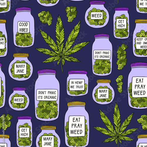 Weed background. Seamless vector pattern with marijuana leaves and jars with buds. Drug consumption, cannabis and smoking drugs.