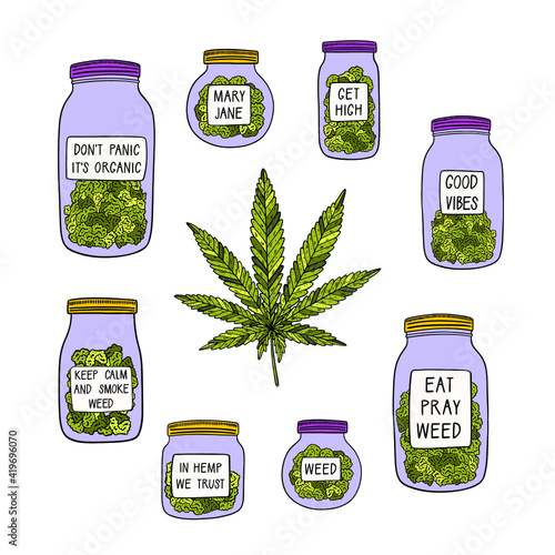 Cannabis vector set. Fun doodle illustration of diffirent jars with marijuana buds.