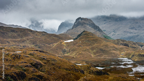 Panoramic view of beautiful Cajas National Park in the highlands of Ecuador near Cuenca