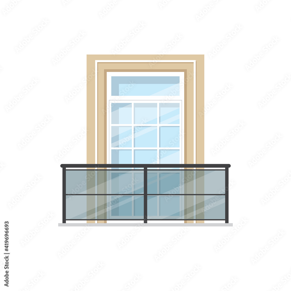 Balcony with glass balustrade and metal handrails isolated building facade exterior element. Vector banister or metal tubular railing, plastic window or doorway in wall, city architecture Balcony with glass balustrade and metal handrails isolated building facade exterior element. Vector banister or metal tubular railing, plastic window or doorway in wall, city architecture