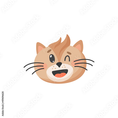 Smiling cat winks one eye isolated cute kitten portrait. Vector muzzle of brown cat with forelock and long whiskers, snout with open mouth. Happy feline emoticon, funny winking cat with hair
