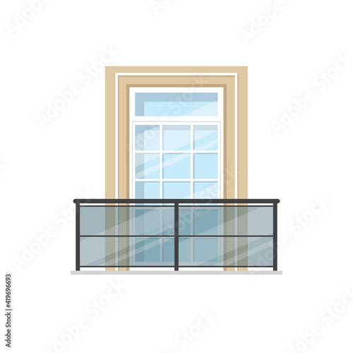 Balcony with glass balustrade and metal handrails isolated building facade exterior element. Vector banister or metal tubular railing, plastic window or doorway in wall, city architecture