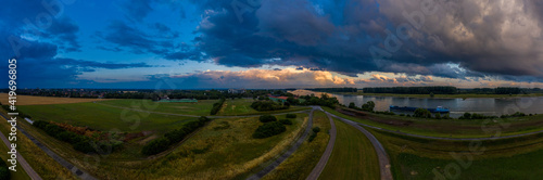 Storm clouds over the Rhine, Germany. Drone photography.