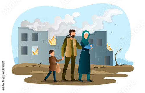 Refugee family is leaving home set on fire. Poor family wandering streets after they lost their home. Loking for accommodation. Flat cartoon vector illustration