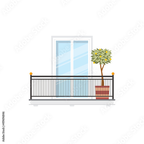 Spanish balcony with lemon or orange tree growing in pot, metal balustrade or railing. Vector residential building or hotel balcony with spindle fence, handrail and balusters, summer terrace