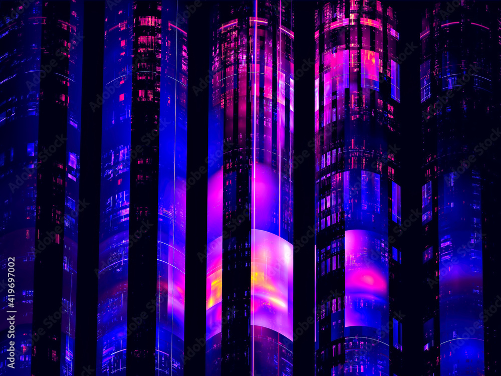 Abstract 3d illustration - bright futuristic towers on a dark background