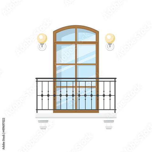 Retro balcony with metal fence and wall lamps isolated. Vector house architecture element, forged balustrade and railing, decorative pillars. Apartment, residential building or office balcony