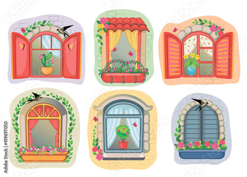 Fototapeta Naklejka Na Ścianę i Meble -  Set colorful vintage windows with shutters and curtains. Potted flowers on the windowsill. Isolated illustration for print or sticker. Ivy on brick wall. Drawn building, architecture. Art house