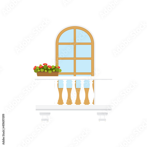 Arched doorway at balcony with marble or stone balustrade, pillars and flowers in pots. Vector summer terrace, railing white barrier and growing plants in flowerpot. Window at balcony, floral decor