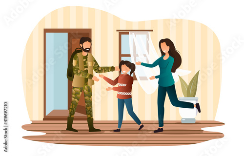 Male character returning home from military service. Little daughter and wife are happy to meet soldier father. Warfare action serviceman is back home to his family. Flat cartoon vector illustration