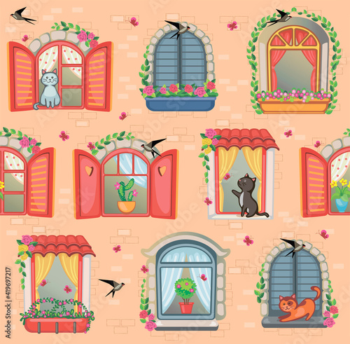 Set colorful windows with cats, flowers and birds. Potted flowers on the windowsill. Atr house with vintage shutters. Vector seamless illustration. Pattern for print. Ivy on brick wall. Drawn building