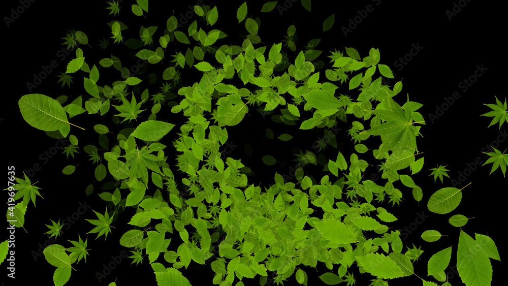 Colorful Sparkling Green Leaves 3D illustration.