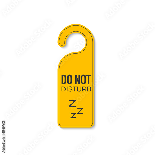 Do not disturb sleeping or resting sign with zzz, keep silence and quiet. Vector door hanger tag, yellow plastic label. Hotel or motel message on handle, sleeping or resting sign, dont worry message