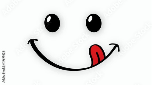Yummy smile with tongue and wink, lick mouth World smile day or month Food  logo Smiling everyday Funny vector laugh cartoon sign Delicious, tasty eating emoji lip face Emotion lips symbol licking