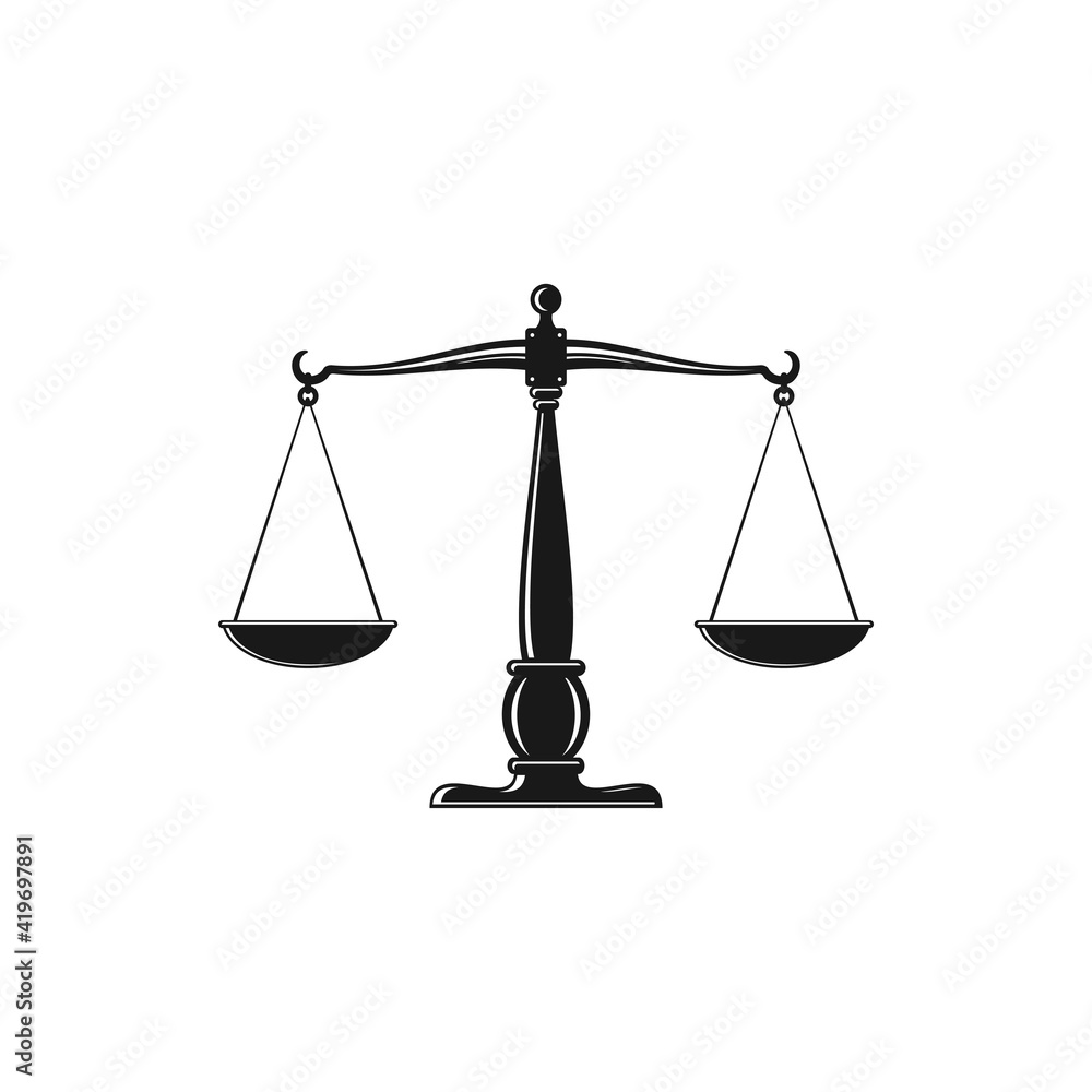 Mass balance scales isolated symbol of law and justice monochrome icon