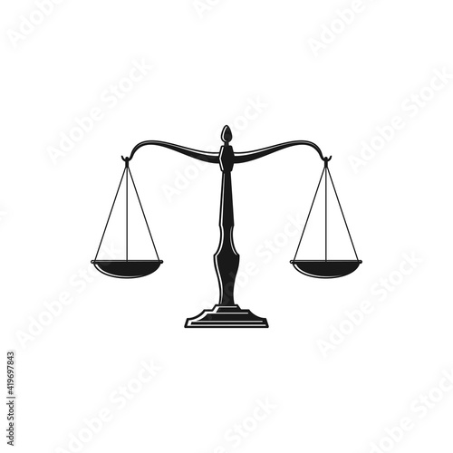 Scales isolated monochrome icon. Vector dual balance Themis scales of justice on decorative stand. Mechanical balancing scales, symbol of law and judgment, punishment and truth, measuring device