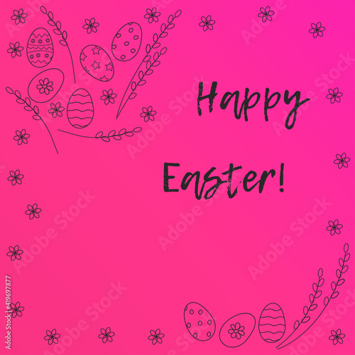 Happy easter. Pink background with the contours of Easter eggs and pussy willow branches.
