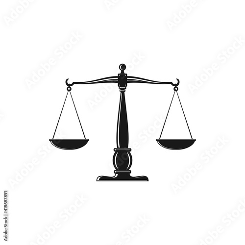 Mass balance scales isolated symbol of law and justice monochrome icon. Vector antique measuring device, Beam balance weight scales, retro mass balances of judgment and punishment, equality sign