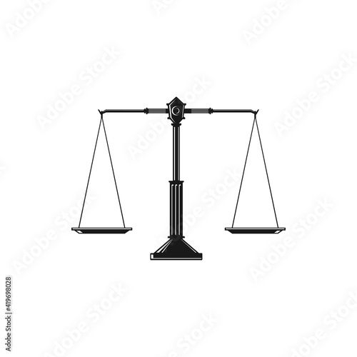 Beam balance weight scales, mass balances isolated Themis judiciary tool. Vector equal balances on stand, symbol of judgment and punishment, equality sign. Retro weight and mass measuring device
