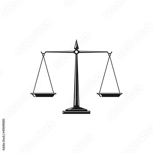 Scales isolated monochrome icon. Vector dual balance Themis scales of justice on decorative stand. Mechanical balancing scales, symbol of law and judgment, punishment and truth, measuring device