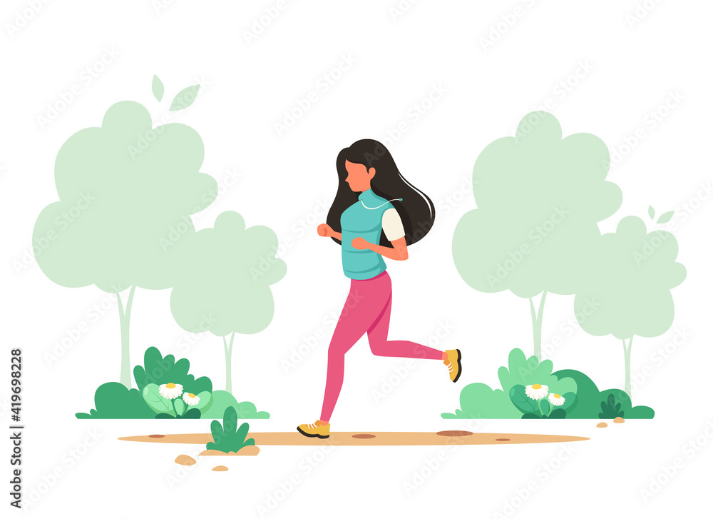 Woman jogging in spring park. Healthy lifestyle, sport, outdoor activity concept. Vector illustration.