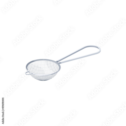 Tea strainer with handle isolated metal sieve icon. Vector strainer placed over teacup to catch loose leaves, kitchenware utensil. Sterling silver or stainless steel brewing or infusing basket