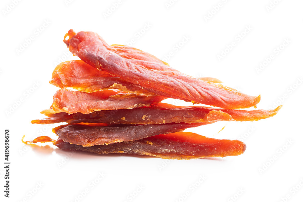 Dried chicken meat. Tasty jerky meat. Dried chicken meat. Tasty jerky meat.