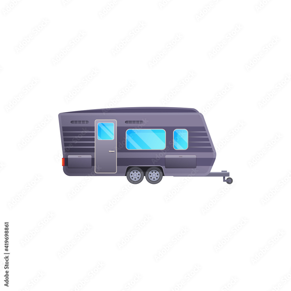 Obraz premium Trailer or travel camper and RV caravan truck van, vector icon. Camper trailer and vacations pickup vehicle, camping adventure and tourism transport on wheels, family road trip SUV van