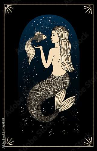 Zodiac sign Pisces. Silhouette of the astrological sign of gold color on a dark background. Magical illustration of a mermaid. Mermaid with a fish. Mythical drawing. Starry sky. Blue glow