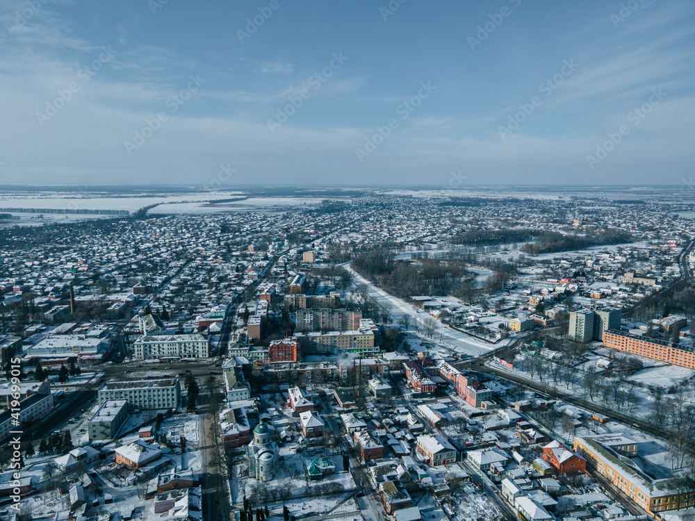 Aerial view from a drone of the city of Nizhyn, Chernihiv region in winter
