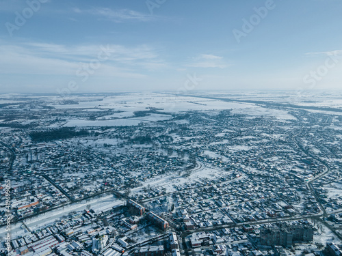Aerial view from a drone of the city of Nizhyn, Chernihiv region in winter
