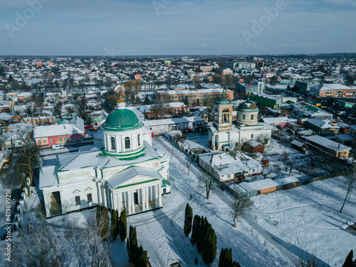 Aerial view from a drone at All Saints church in the city of Nizhyn, Chernihiv region photo