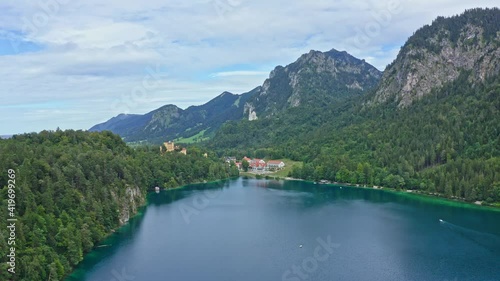 Aerial view of Bavarian Alpsee in summer. Alpsee near Neuschwanstein Castle in Schwangau. 