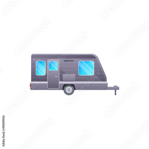 Camper trailer, travel caravan van or camping vehicle, vector road journey motorhome vehicle. Camping travel trailer van or family recreation and tourism caravan on wheels, isolated icon