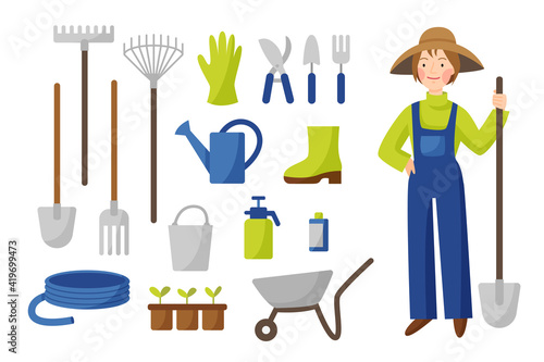 Vector collection of gardening tools in flat style isolated on a white background. A woman gardener in a hat and overalls stands with a shovel. Garden work. Farming set.
