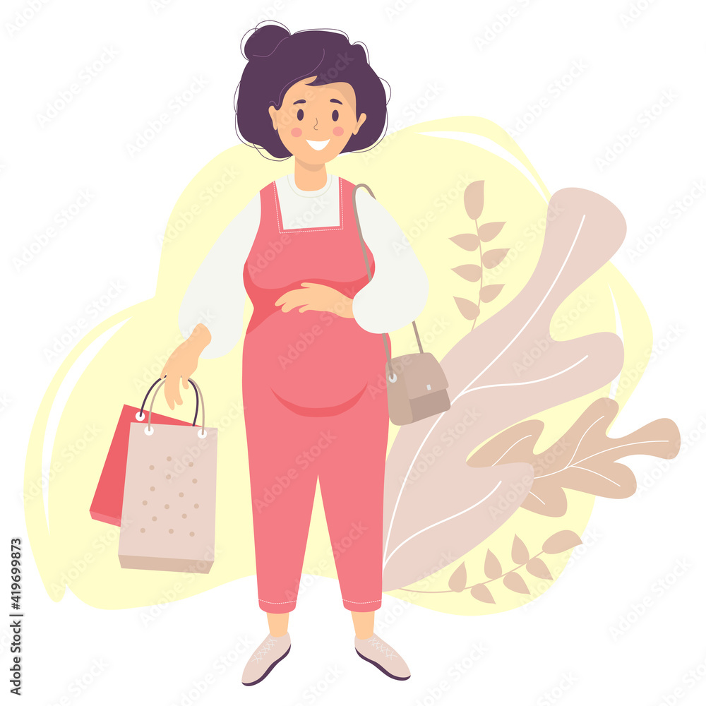 Motherhood. A happy pregnant woman in a red overalls tenderly hugs her belly with one hand and holds bags from the store in the other hand. womans bag hangs on the shoulder. Vector. flat illustration Motherhood. A happy pregnant woman in a red overalls tenderly hugs her belly with one hand and holds bags from the store in the other hand. womans bag hangs on the shoulder. Vector. flat illustration