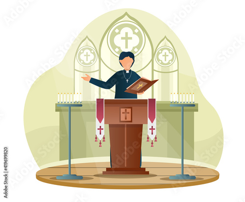 Male priest is giving speech from tribune in church. Catholic preacher is reading prayers from bible standing in cathedral. Concept of catholic religious service. Flat cartoon vector illustration