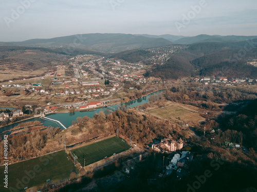 Aerial drone view of the Carpathian mountains in spring