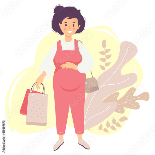 Motherhood. A happy pregnant woman in a red overalls tenderly hugs her belly with one hand and holds bags from the store in the other hand. womans bag hangs on the shoulder. Vector. flat illustration