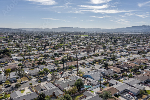 Drone Aerial View Suburban California Neighborhood. Single Family Homes